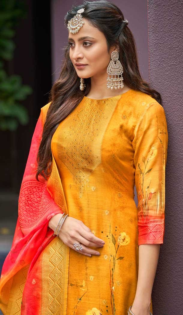 Mustard Chanderi Digital Printed Pakistani Style Salwar Kameez - 10108192395