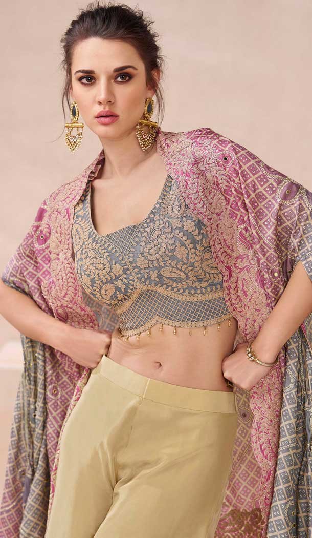 Real Silk Embroidered Indo Western Style Palazzo Suit In Multi Color - 10110192401