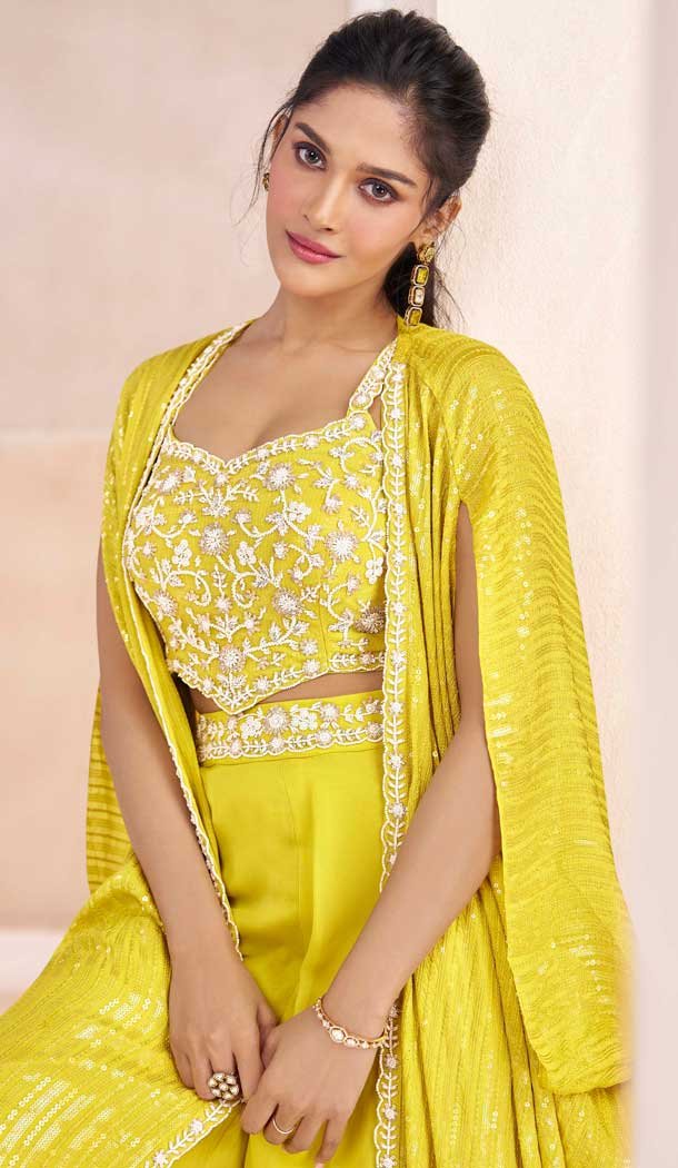 Real Silk Embroidered Indo Western Style Palazzo Suit In Yellow - 10110192403