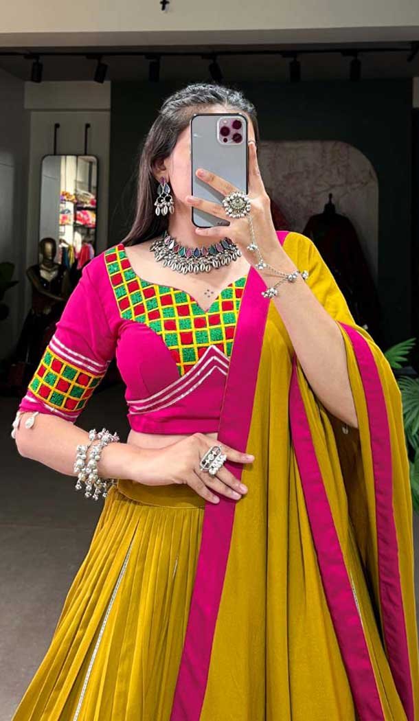 Mustard Pure Rayon Print Work Navratri Wear Lehenga Choli - 10097192346