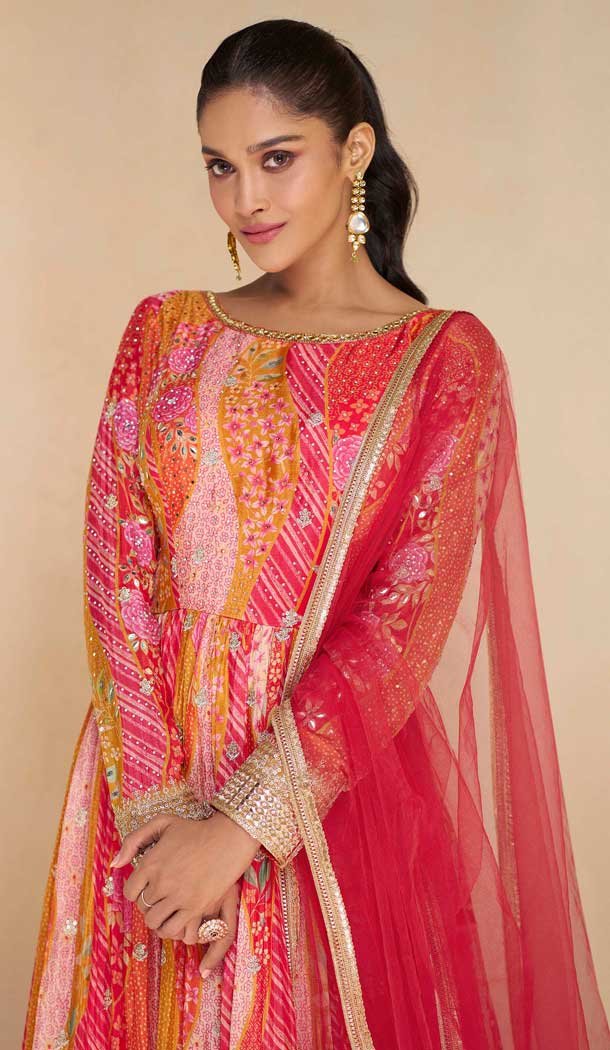 Georgette Multi Color Embroidered Party Wear Readymade Gown - 10111192406