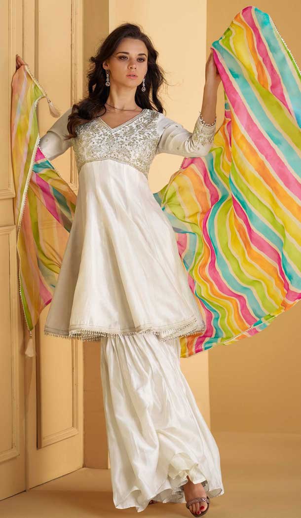 White Silk Embellished Work Party Wear Designer Sharara Suit - 10112192408