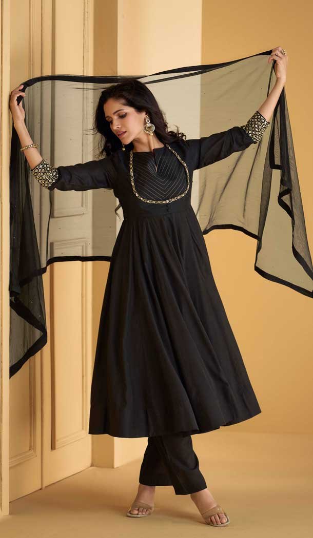 Black Silk Embellished Work Party Wear Designer Sharara Suit - 10112192410