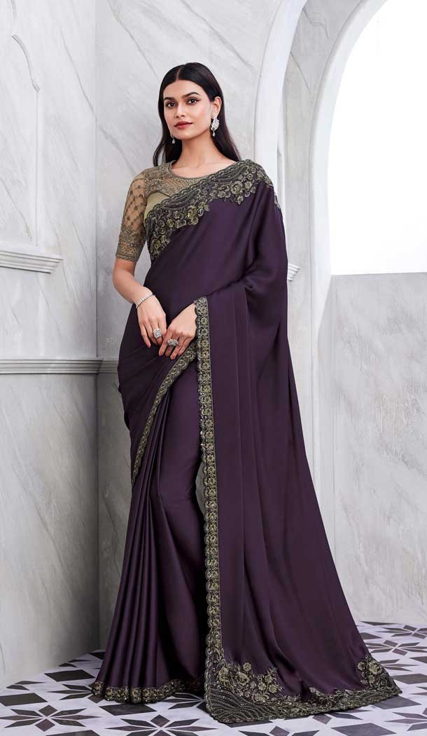 Walnut Art Silk Sequins Work Party Wear Saree In Purple - 10114192420
