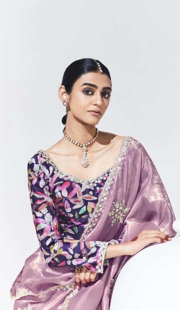 Lavender Glass Tissue Organza Embroidered Traditional Wear Plus Size Saree - 10115192423