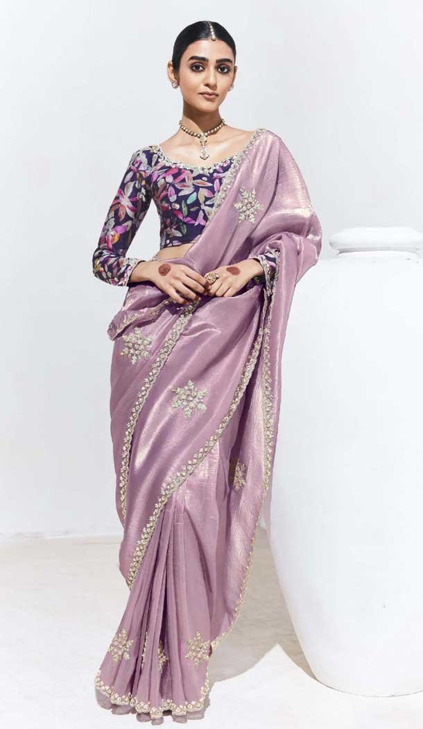 Lavender Glass Tissue Organza Embroidered Traditional Wear Plus Size Saree - 10115192423