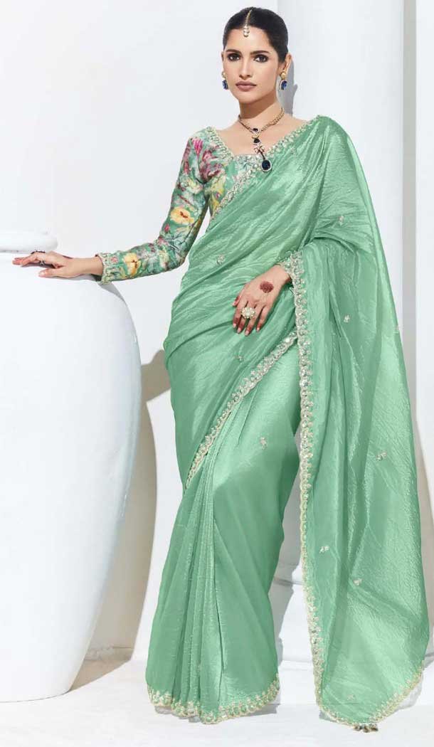 Sea Green Glass Tissue Organza Embroidered Traditional Wear Saree - 10115192425