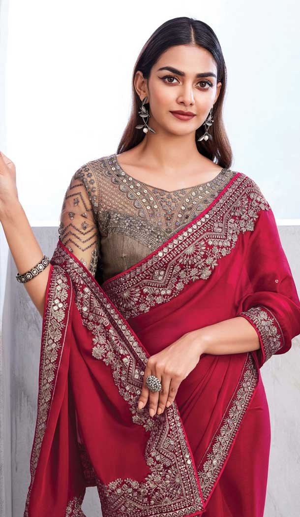 Chiffon Silk Resham Work Function Wear Saree In Rani Pink - 10116192434