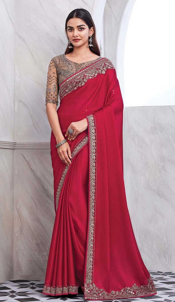 Chiffon Silk Resham Work Function Wear Saree In Rani Pink - 10116192434