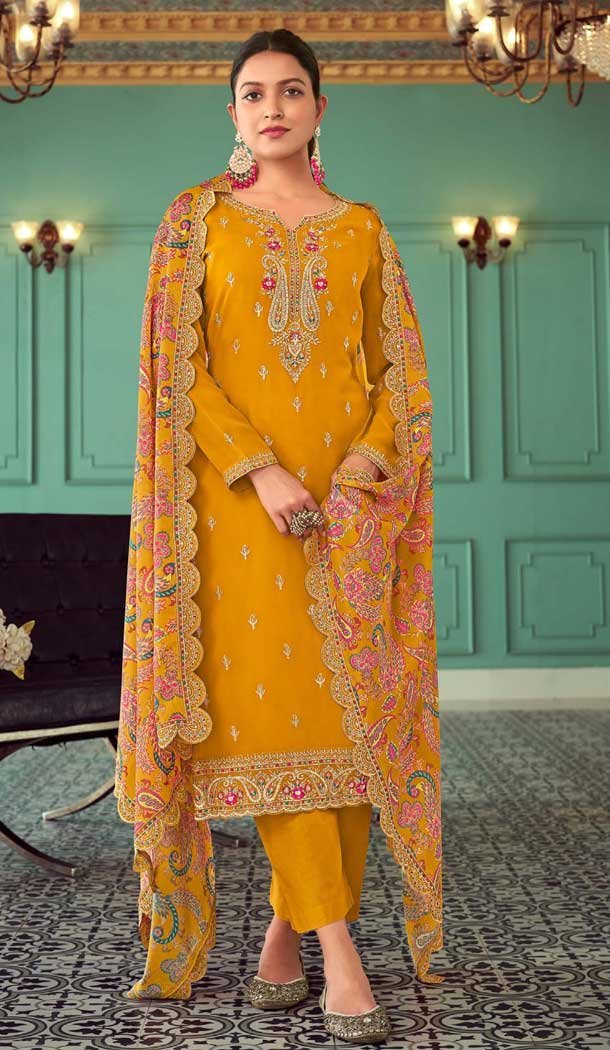 Mustard Georgette Resham Work Party Wear Salwar Kameez - 10117192438