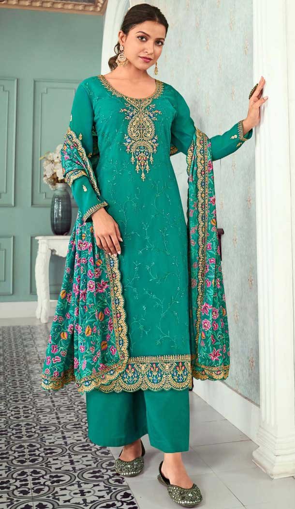 Mint Green Georgette Resham Work Party Wear Salwar Kameez - 10117192440