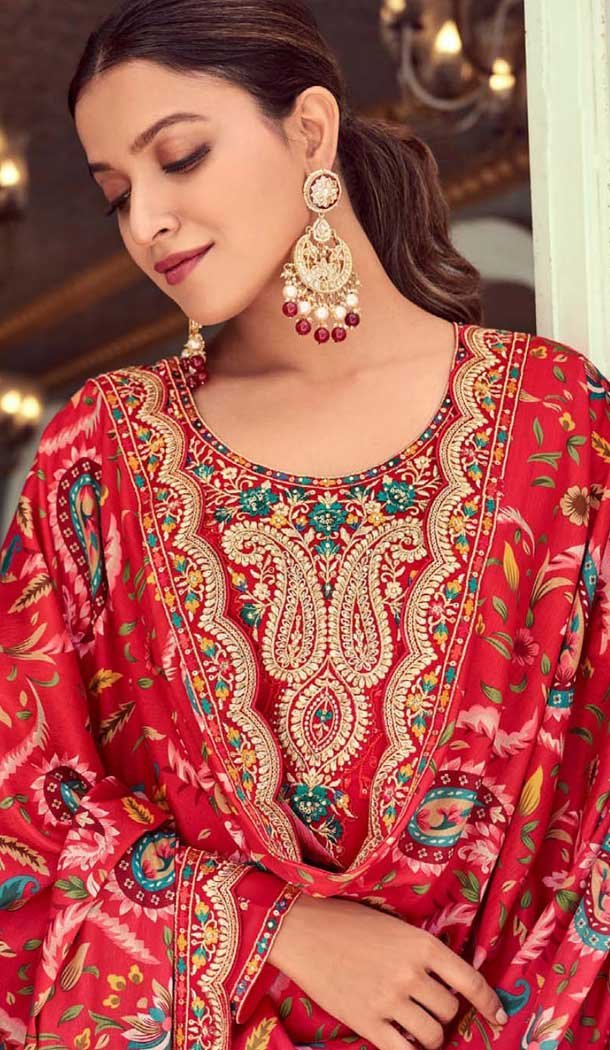 Red Georgette Resham Work Party Wear Salwar Kameez - 10117192441