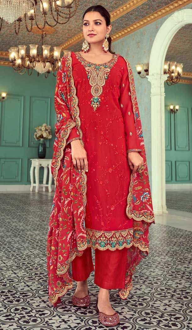 Red Georgette Resham Work Party Wear Salwar Kameez - 10117192441