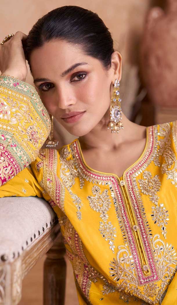 Yellow Chinon Zari Work Pakistani Style Palazzo Salwar Suit - 10120192448
