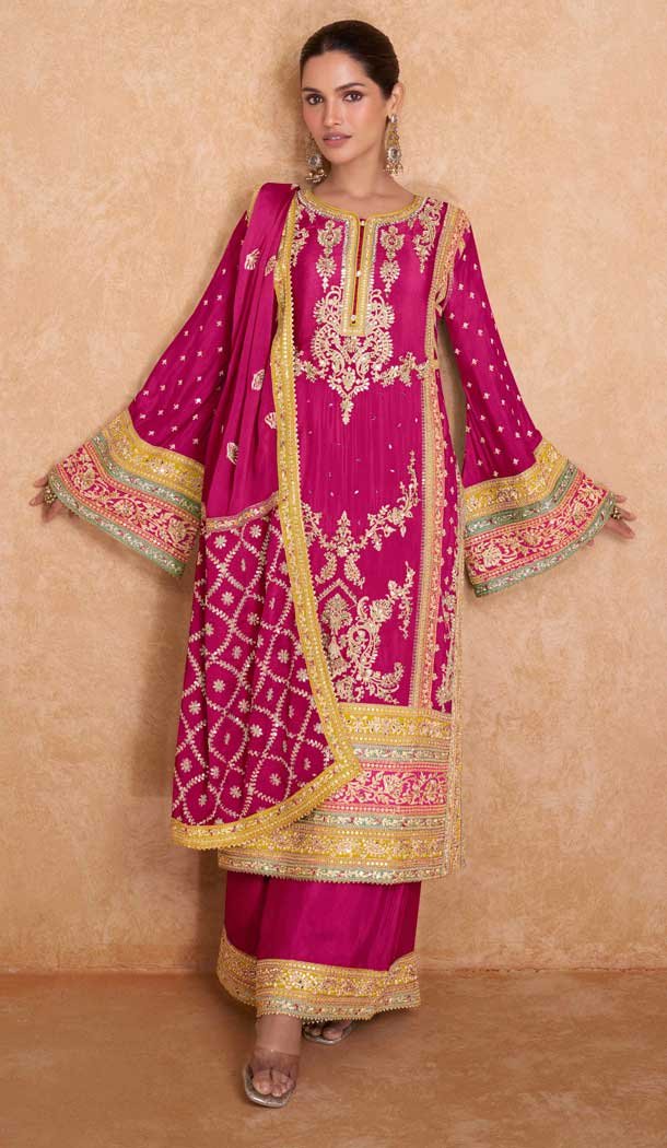 Rani Pink Chinon Zari Work Pakistani Style Palazzo Salwar Suit - 10120192449