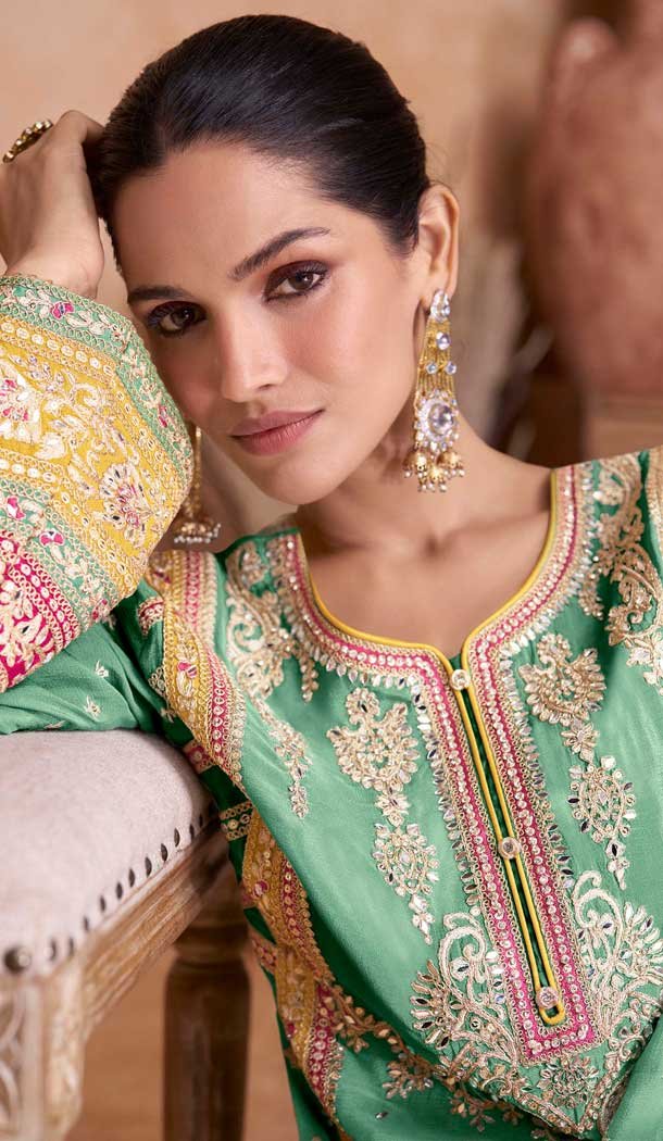 Sea Green Chinon Zari Work Pakistani Style Palazzo Salwar Suit - 10120192450