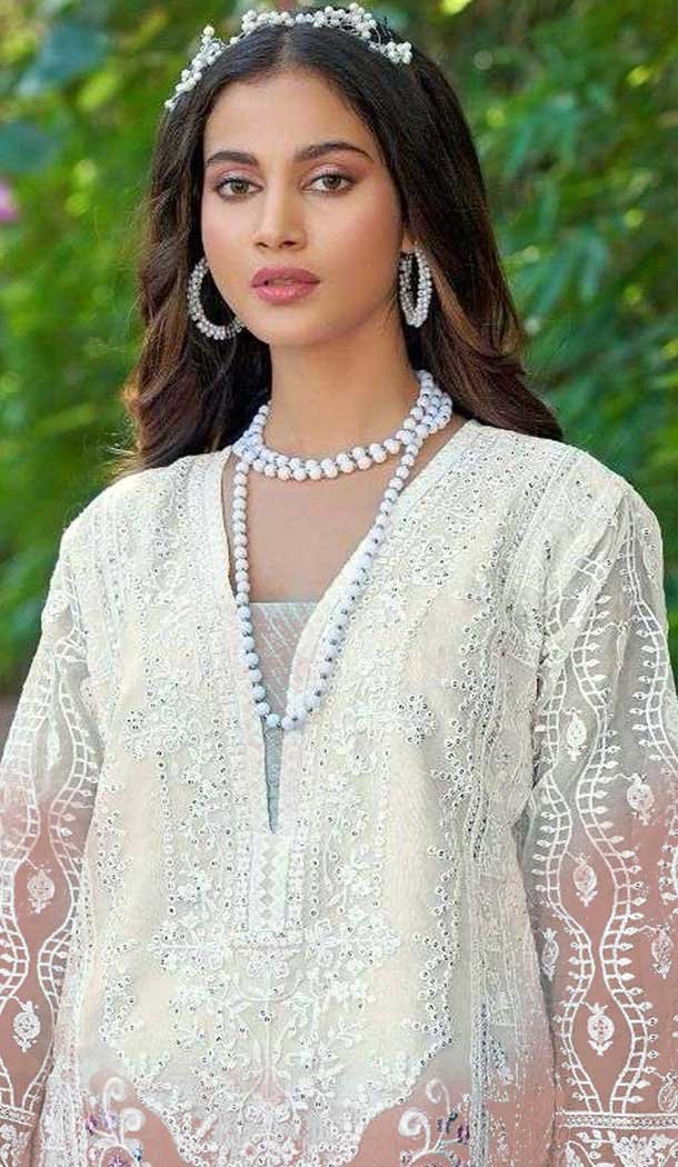 Organza Embroidered Pakistani Style Salwar Kameez In Light Brown - 10094192326