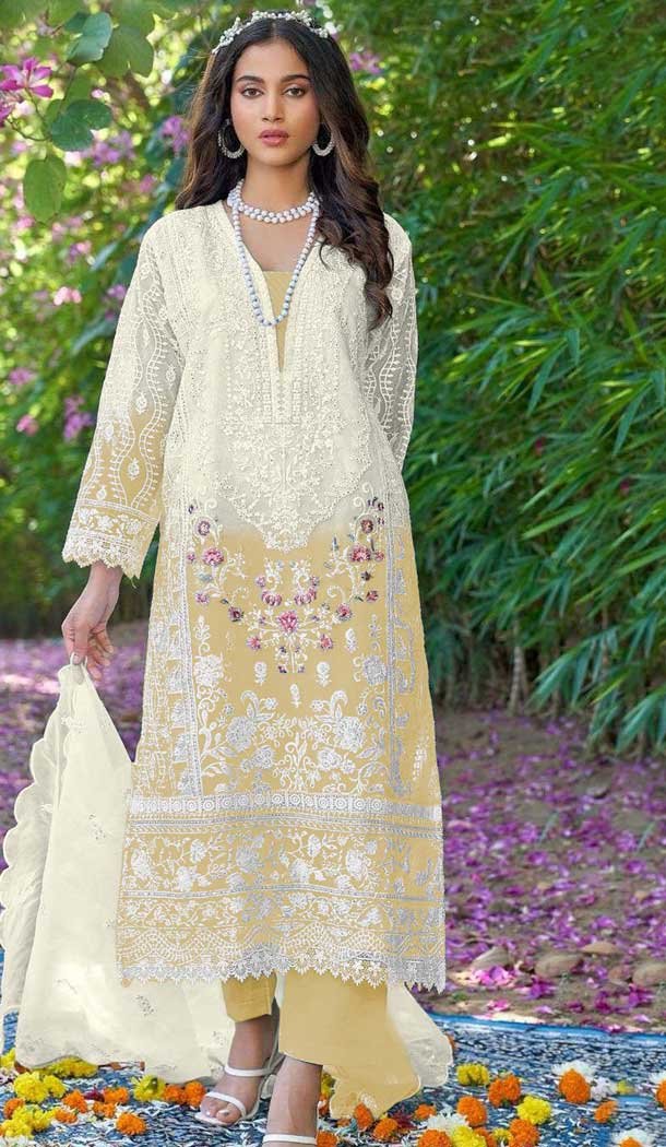 Organza Embroidered Pakistani Style Salwar Kameez In Yellow - 10094192330