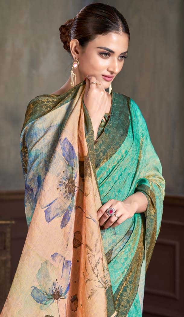 Natural Silk Print Work Traditional Wear Saree In Multi Color - 10151192578