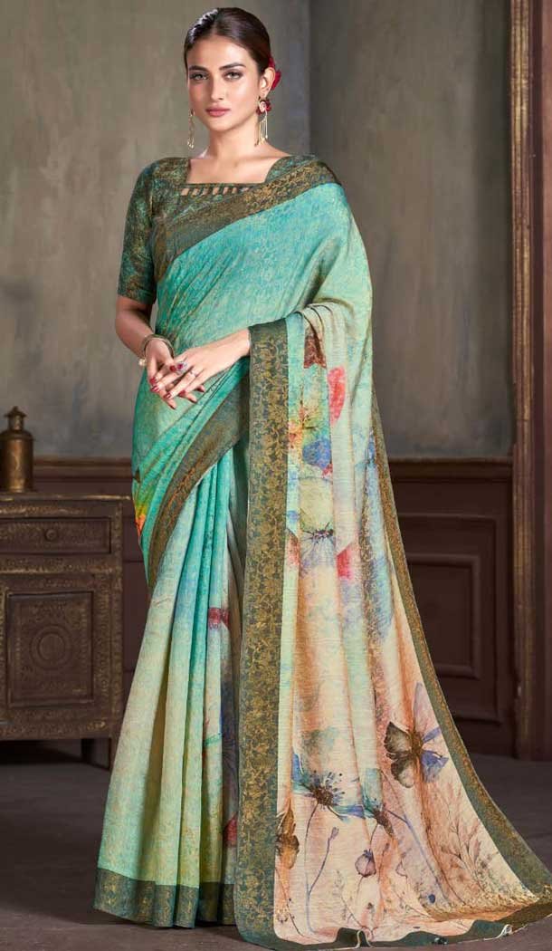 Natural Silk Print Work Traditional Wear Saree In Multi Color - 10151192578