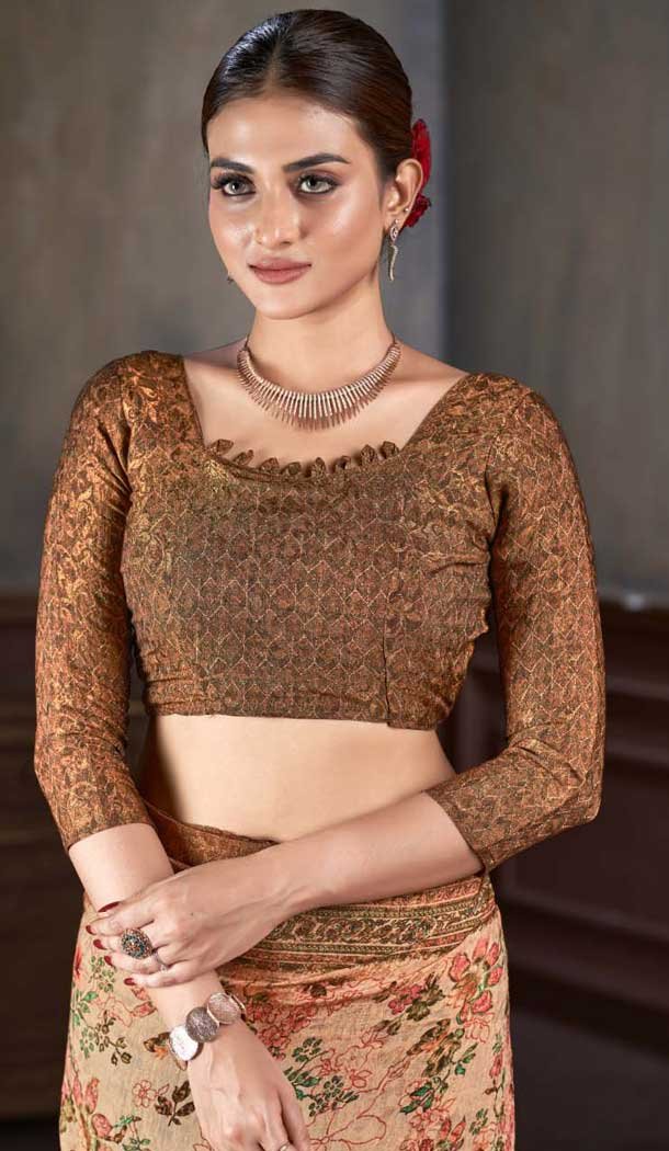 Peach Natural Silk Print Work Traditional Wear Saree - 10151192579