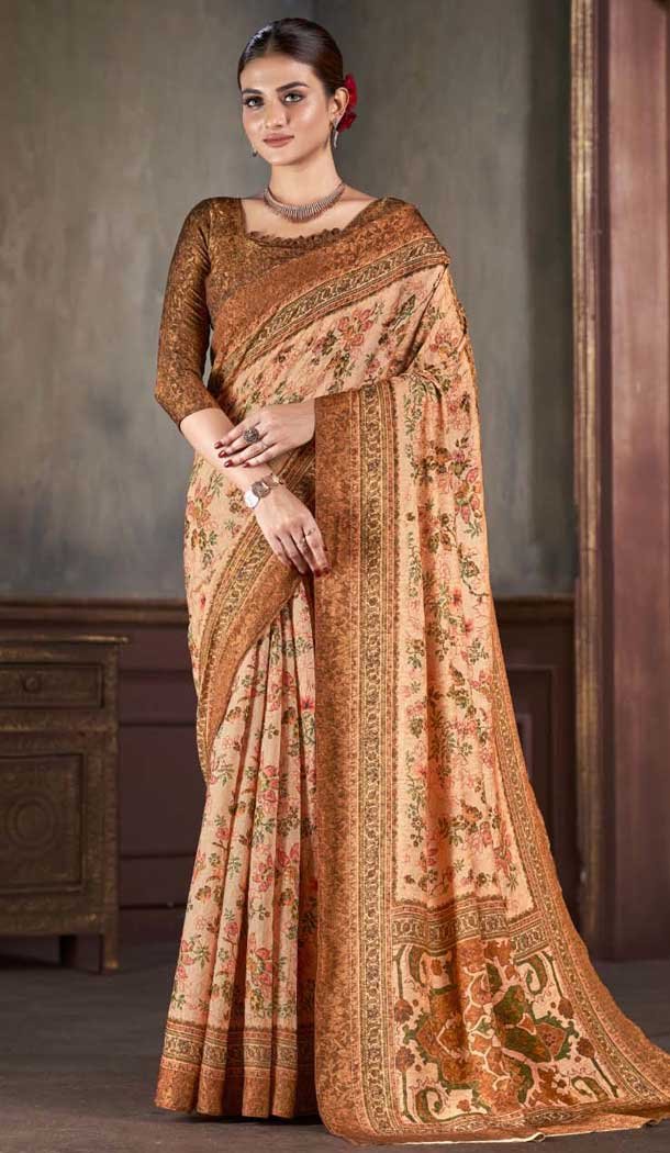Peach Natural Silk Print Work Traditional Wear Saree - 10151192579