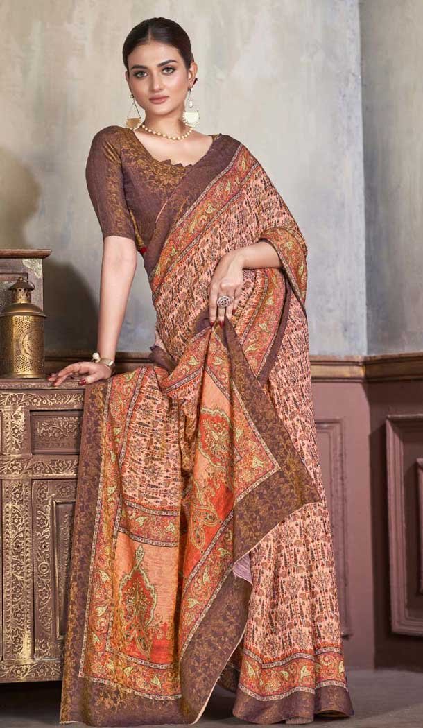 Natural Silk Print Work Traditional Wear Saree In Peach - 10151192582