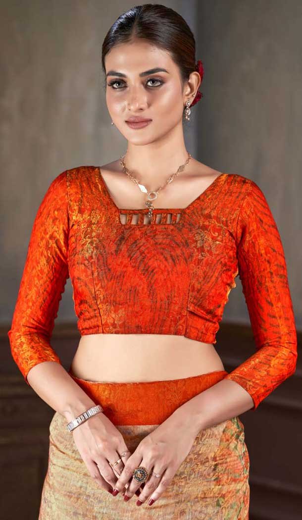 Orange Natural Silk Print Work Traditional Wear Saree - 10151192583