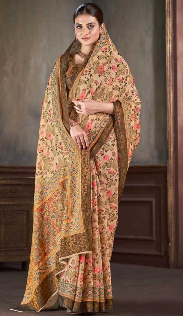 Beige Natural Silk Print Work Traditional Wear Saree - 10151192584