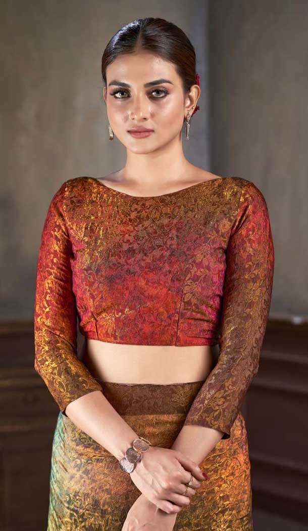 Rust Natural Silk Print Work Traditional Wear Saree - 10151192585