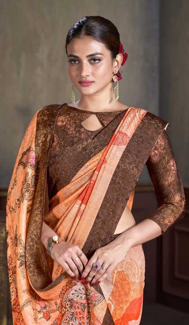 Light Orange Natural Silk Print Work Traditional Wear Saree - 10151192589