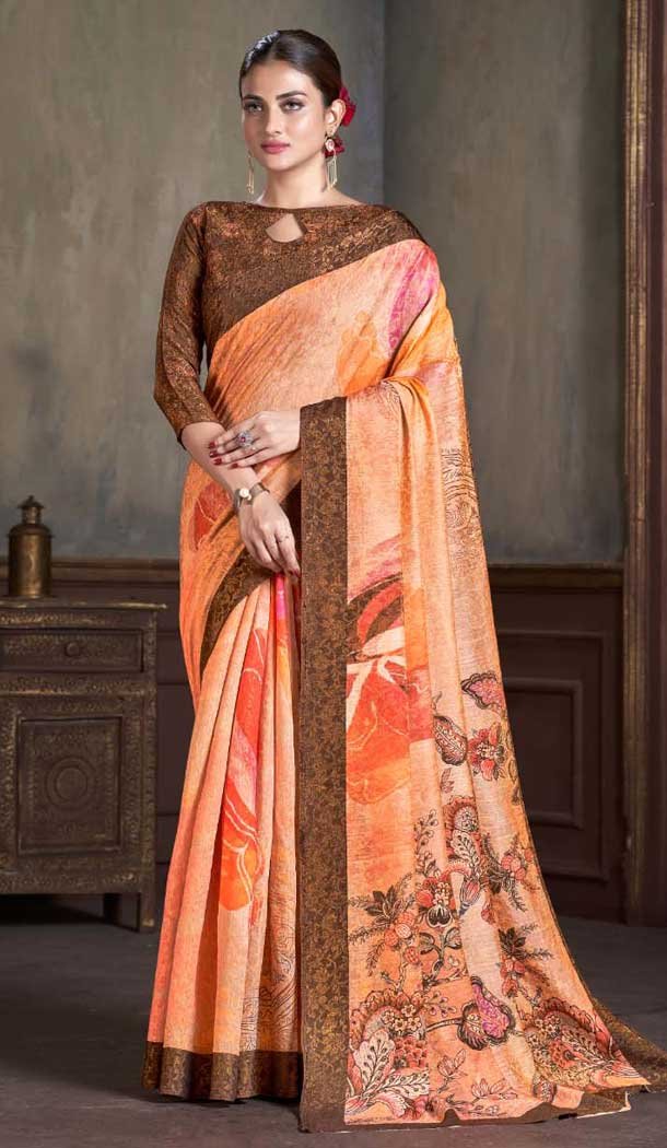 Light Orange Natural Silk Print Work Traditional Wear Saree - 10151192589