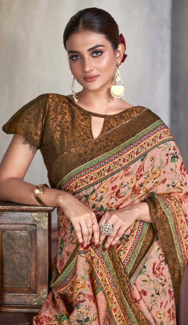 Pink Natural Silk Print Work Traditional Wear Saree - 10151192590