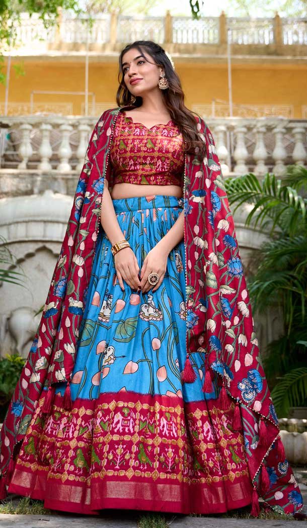 Multi Color Tussar Silk Zari Weaving Work Party Wear Lehenga Choli - 10168192676