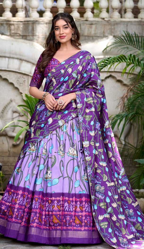 Purple Tussar Silk Zari Weaving Work Party Wear Lehenga Choli - 10168192677