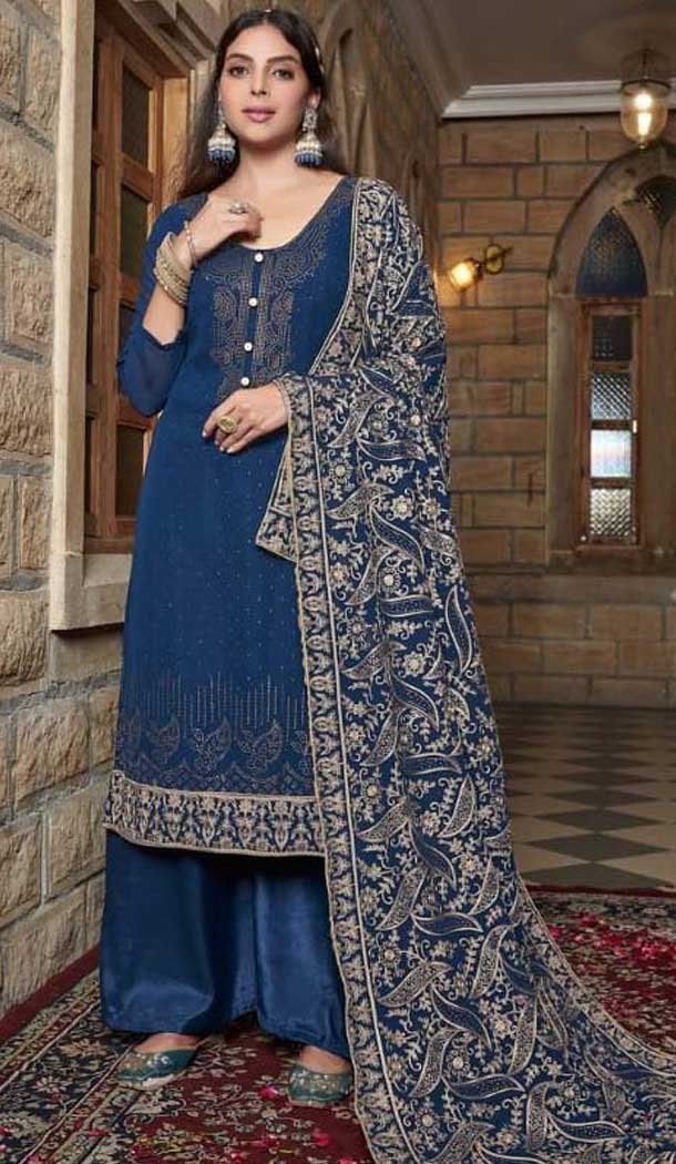 Georgette Embroidered Pakistani Style Palazzo Salwar Suit In Navy Blue - 10172192688