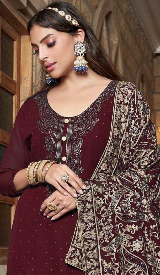 Georgette Embroidered Pakistani Style Palazzo Salwar Suit In Maroon - 10172192689