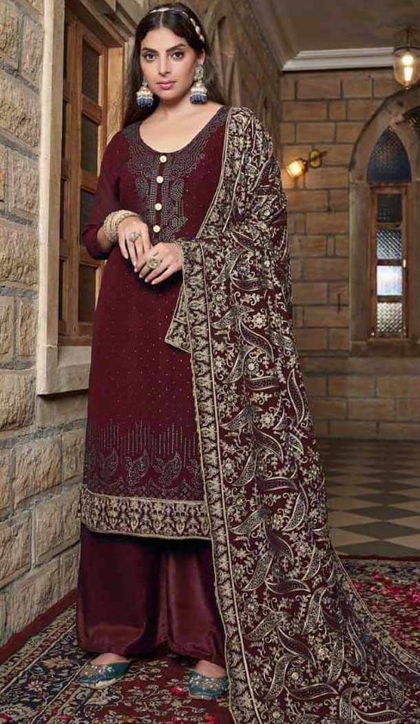 Georgette Embroidered Pakistani Style Palazzo Salwar Suit In Maroon - 10172192689