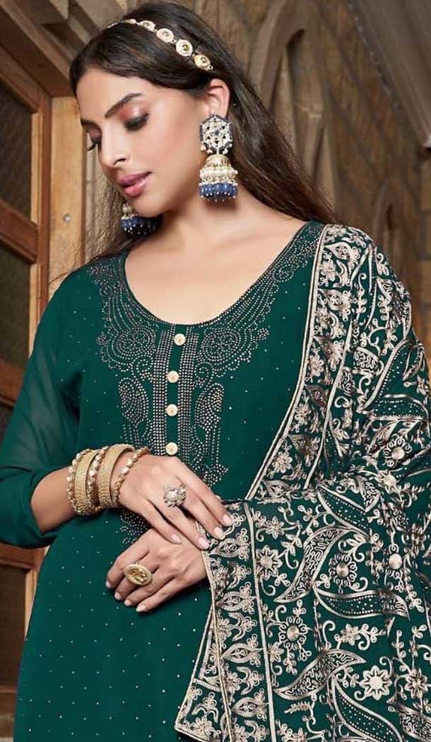 Georgette Embroidered Pakistani Style Palazzo Salwar Suit In Dark Green - 10172192691