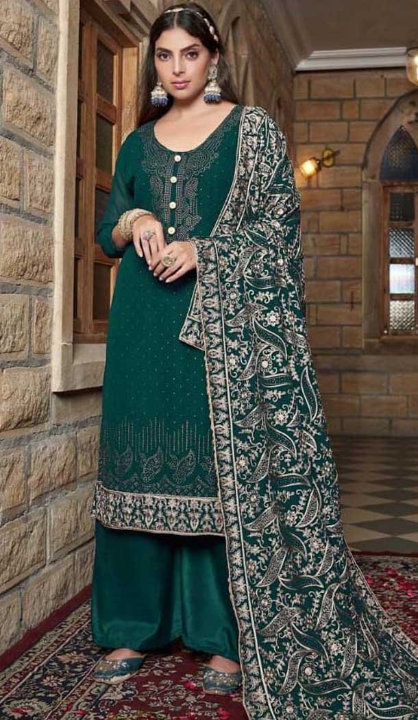 Georgette Embroidered Pakistani Style Palazzo Salwar Suit In Dark Green - 10172192691