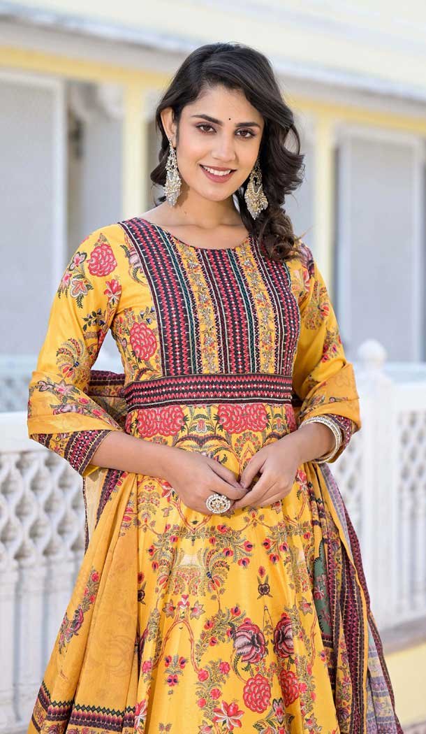 Yellow Dola Silk Digital Printed Designer Readymade Gown - 10213192835
