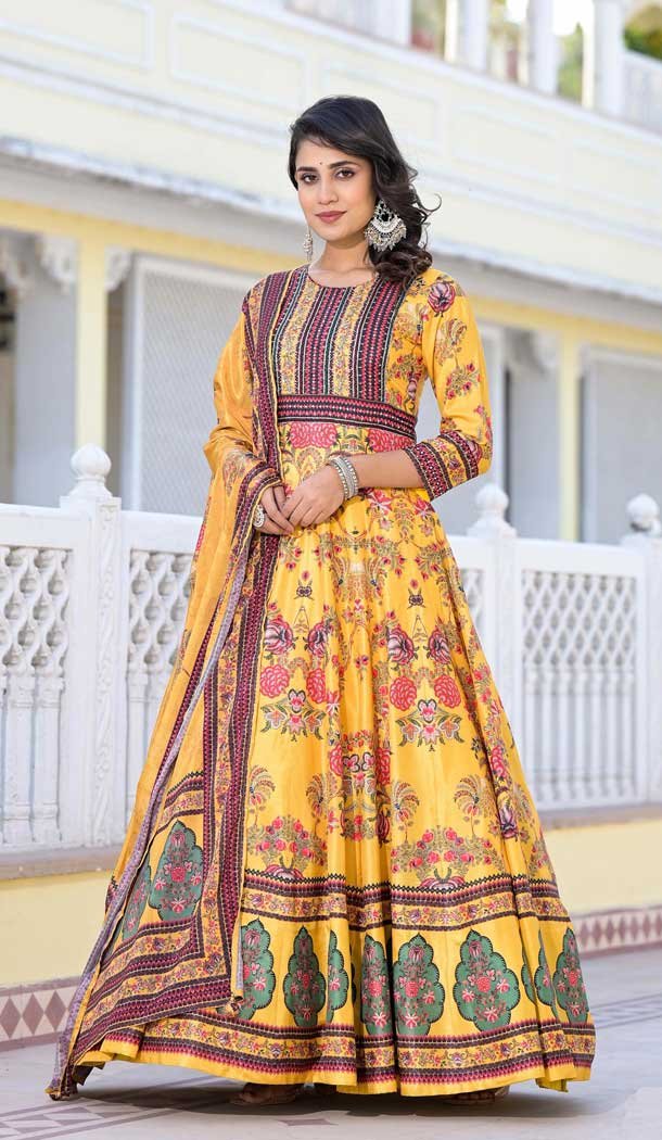 Yellow Dola Silk Digital Printed Designer Readymade Gown - 10213192835