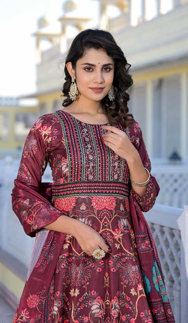 Maroon Dola Silk Digital Printed Designer Readymade Gown - 10213192836
