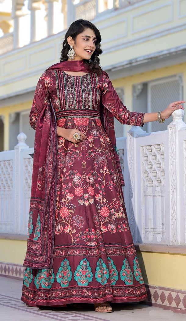 Maroon Dola Silk Digital Printed Designer Readymade Gown - 10213192836