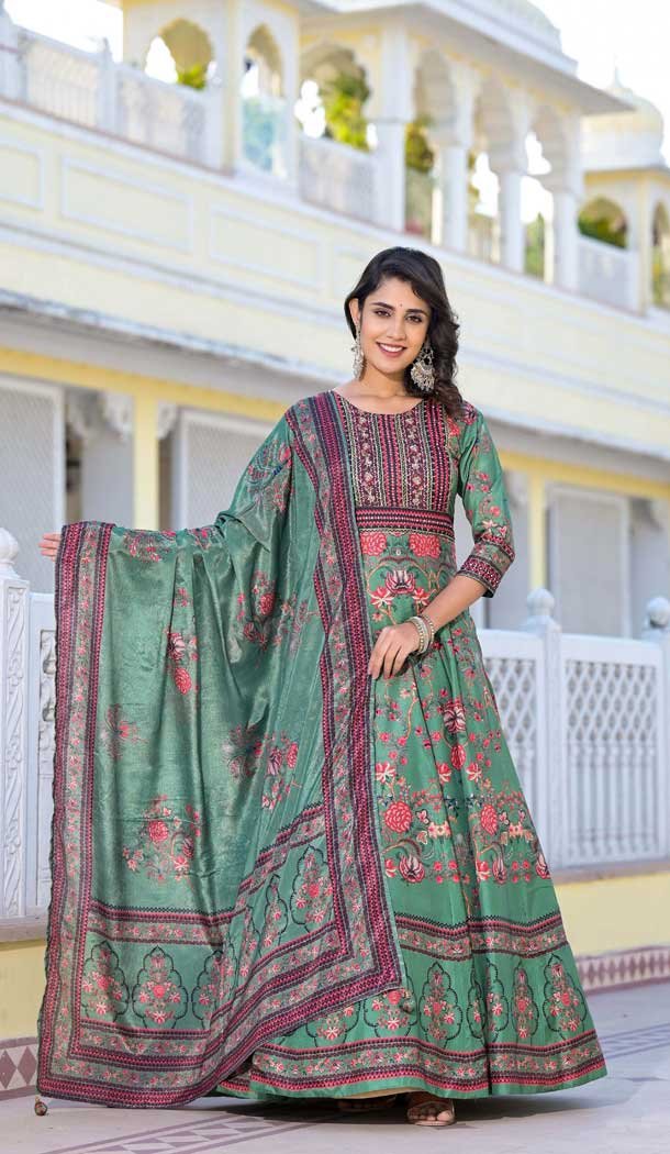 Parrot Dola Silk Digital Printed Designer Readymade Gown - 10213192837