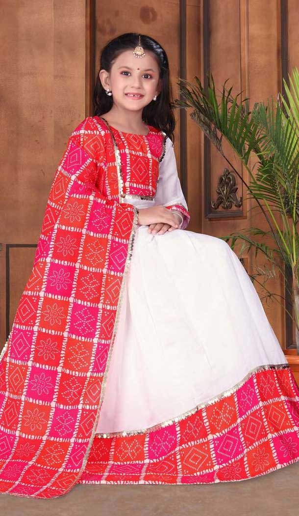 Chanderi Printed Work Readymade Kid's Wear Lehenga Choli In White - 10223192871