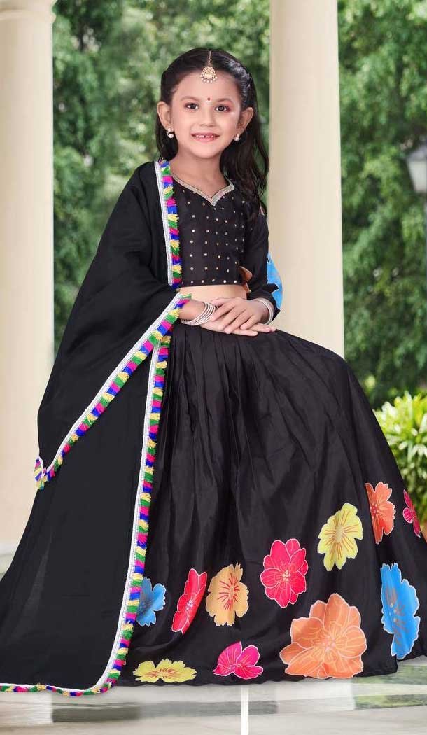 Chanderi Printed Work Readymade Kid's Wear Lehenga Choli In Black - 10223192872