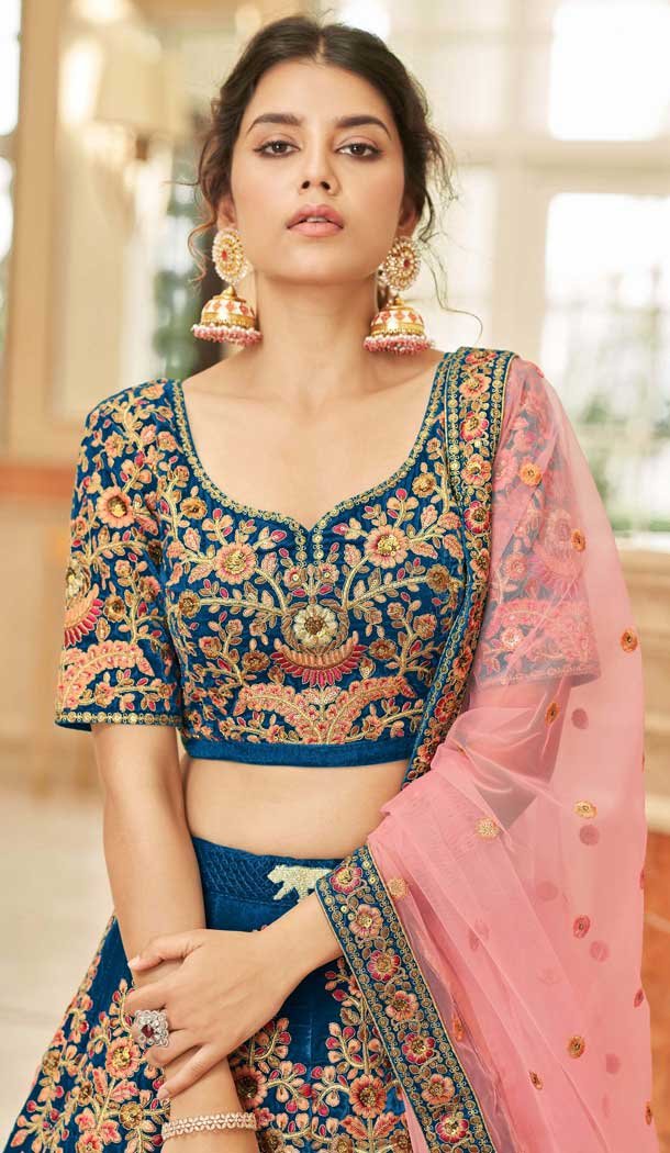 Blue Velvet Embroidered Wedding Wear Designer Lehenga Choli -10240192965