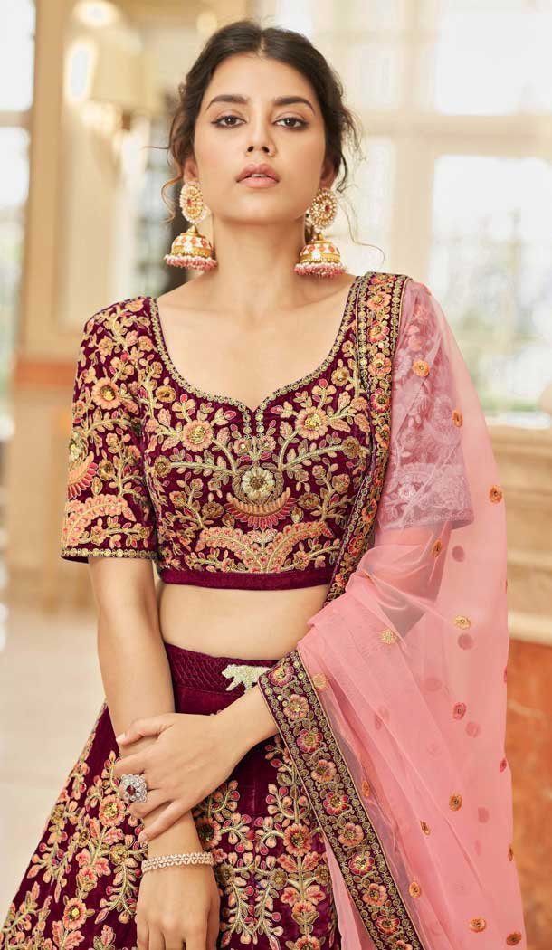 Maroon Velvet Embroidered Wedding Wear Designer Lehenga Choli -10240192966