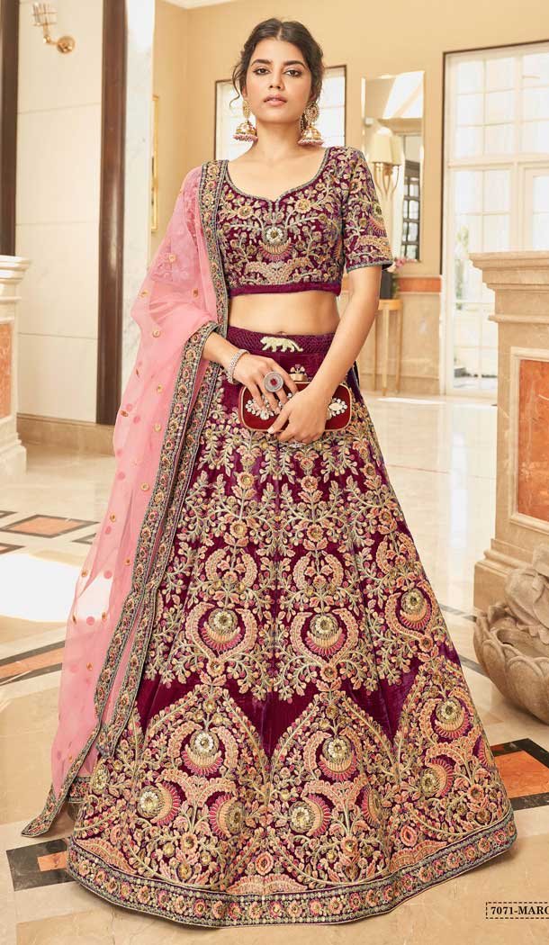 Maroon Velvet Embroidered Wedding Wear Designer Lehenga Choli -10240192966